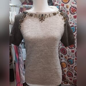 J. Crew small.  brown. jeweled collar. short sleeve sweater. EUC